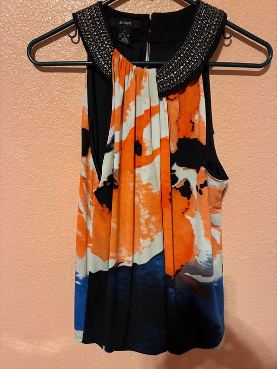 Alfani Tops - Alfani Orange, Black & Blue Abstract Beaded Neck Sleeveless Camisole